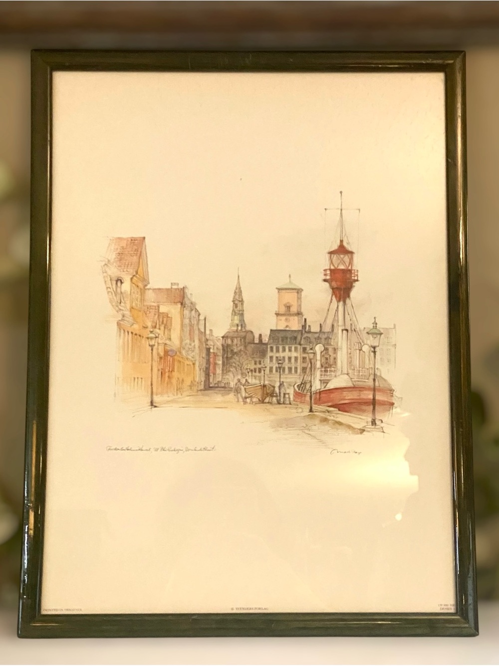 Vintage Signed Mads Stage Danish City Scape Framed Under Glass Print #2